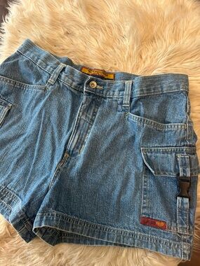 NO EXCUSES Vintage Y2K Buckle Cargo Denim Shorts